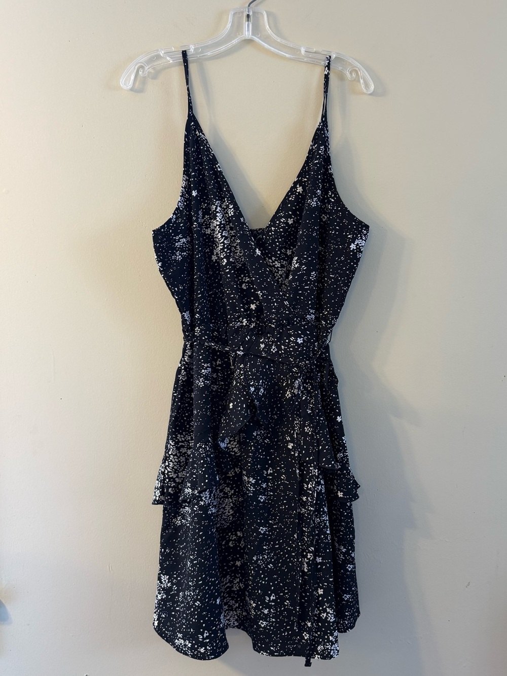 Women's Black & White Starprint Wrap Flutter Dress